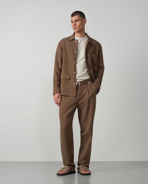 Pantalón de una pinza ETIEM de lino-tencel Tostado