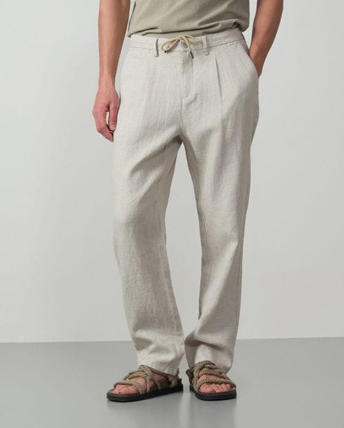 Pantalón de una pinza ETIEM de 100%lino Arena - Imagen 3